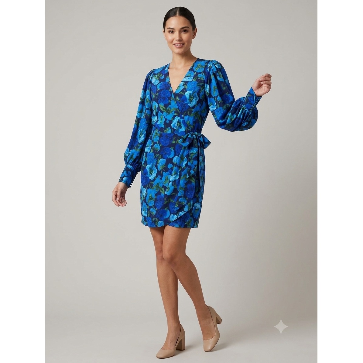 The Kooples Paris Blue Floral 100% Silk Wrap Mini Dress Long Sleeve Designer S